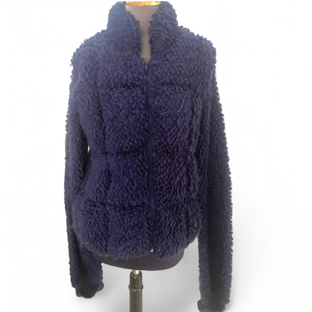 VINTAGE BETSEY JOHNSON NAVY BLUE 100% WOOL FUZZY ZUP UP TEDDY JACKET SIZE MEDIUM